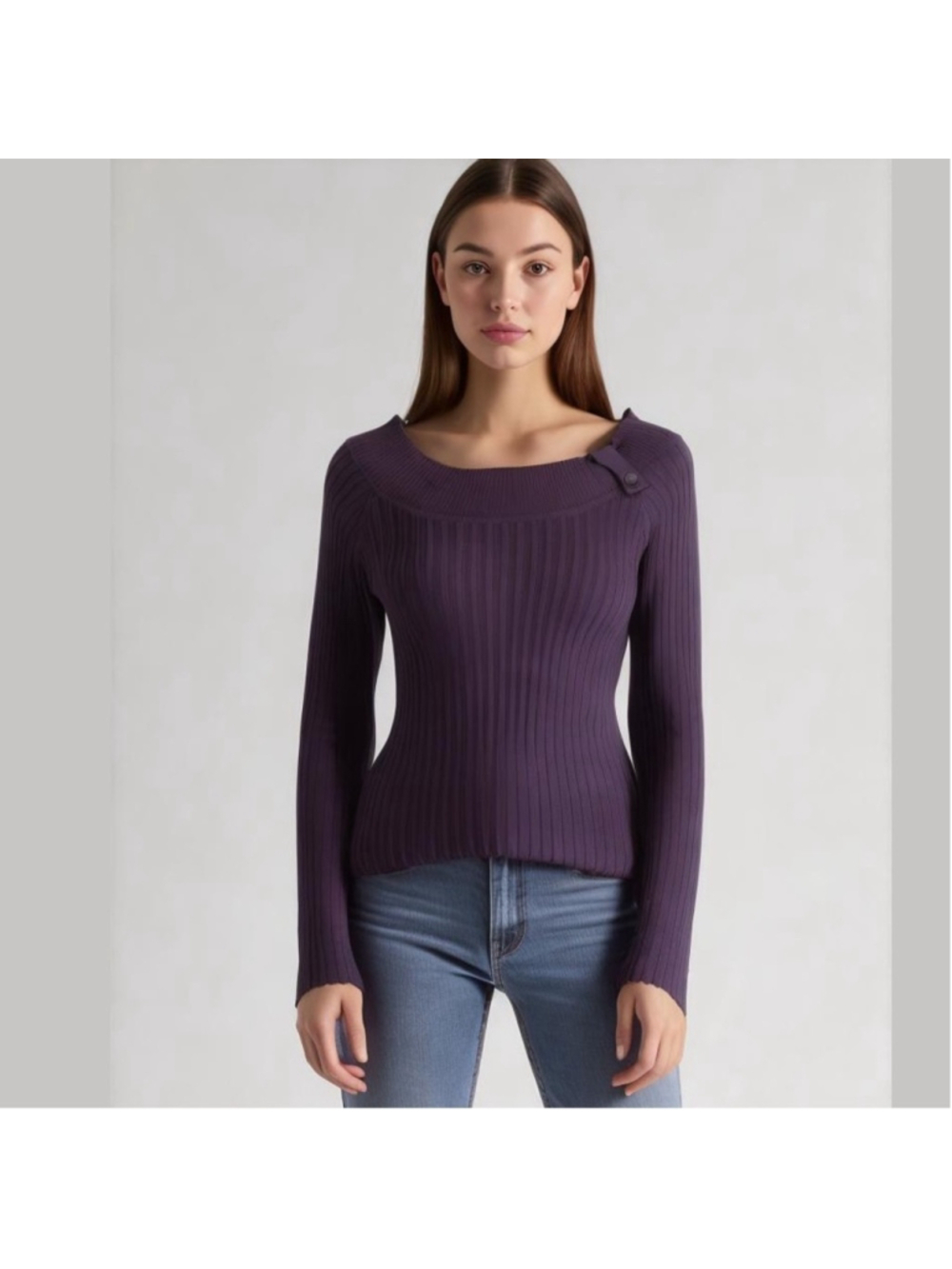 Hooked Up Purple Long Sleeved Ribbed Wide Neck Sweater Size S